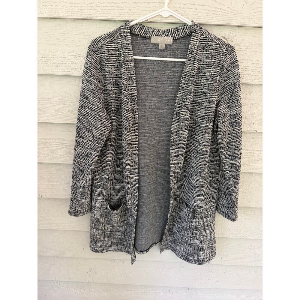 Carolyn Taylor Open Front Marled Cardigan Sweater | Black White | Size M - Picture 2 of 8